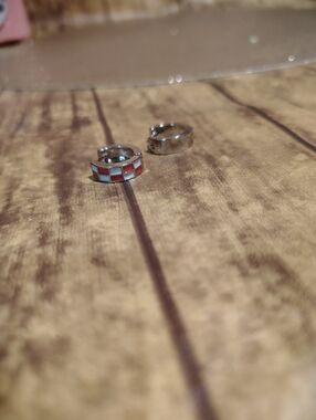 Silver Hoop Earrings with Orange and White Inlay